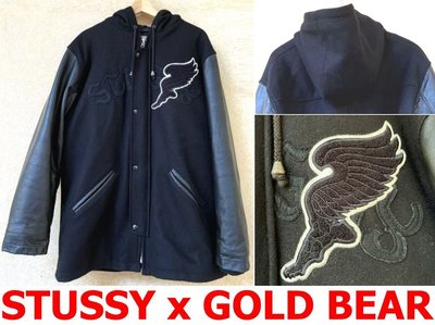 BLACK極新STUSSY x GOLD BEAR美國百年棒球外套品牌MADE IN USA連帽牛皮羊毛夾克