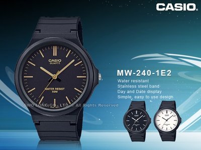 CASIO 手錶專賣店 國隆 MW-240-1E2 CASIO 簡約指針錶 樹脂錶帶 黑X金 防水50米 MW-240