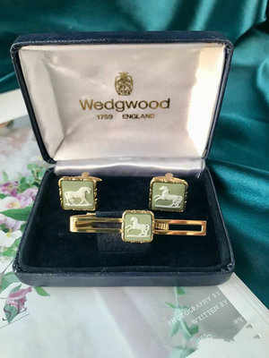 英國陶瓷 wedgwood 綠色馬 袖扣 領帶夾原盒