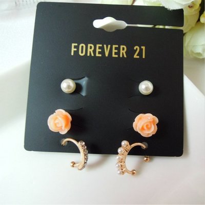 Mirror shop 歐美飾品 forever 21 珍珠花朵搭耳扣 三對組合耳環 耳扣 E019