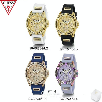 GUESS Queen 女生多功能手錶 鑲水鑽鏤空錶盤 矽膠鑲水鑽錶帶 石英女生手錶 GW0536L2 GW0536L3 GW0536L4 GW0536L5