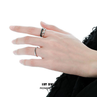 純銀食指戒指設計冷淡風高級黑白開口情侶對戒男女