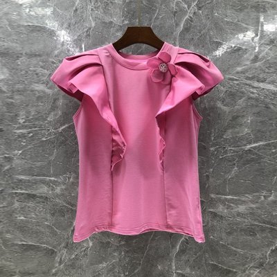現貨-荷葉邊釘珠花朵法式T恤女歐貨夏季新款純色減齡上衣3G簡約