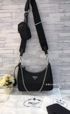 《真愛名牌精品》PRADA 1BH204 Hobo 黑尼龍 女款三合一斜背包 *全新*