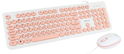 小白的生活工場*【infotec 】KM102 復古圓鍵USB有線鍵盤滑鼠組(白粉色)