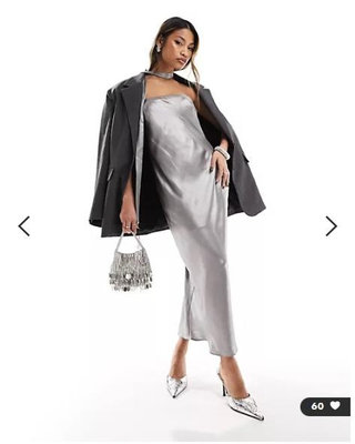 (嫻嫻屋) 英國ASOS-金屬光澤銀色(附領帶)平口領中長裙洋裝禮服EL23