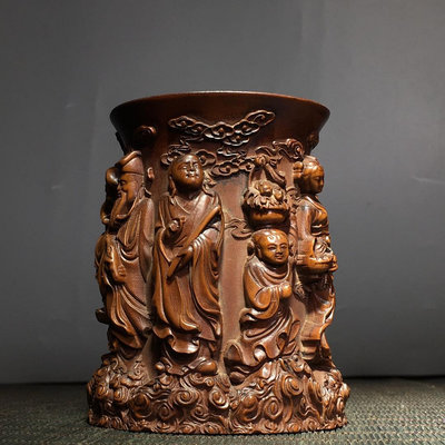 黃楊木雕刻(八仙筆筒)擺件，高10公分，寬7公分，重180克，24004332