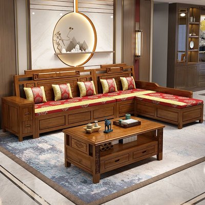 香樟木實木沙發組合中式仿紅木儲物轉角帶坐墊冬夏兩用客廳沙發~特價
