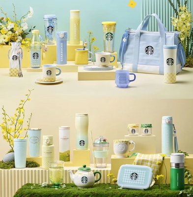 【熱銷精選】韓國星巴克杯子春季藍黃色花園野餐玻璃馬克茶壺吸管保溫水杯