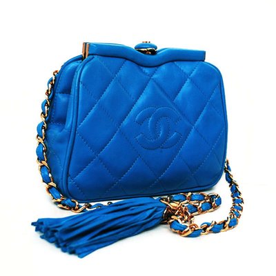 稀有色Mini Chanel vintage 藍色流蘇扣式元寶包鏈條包腰包