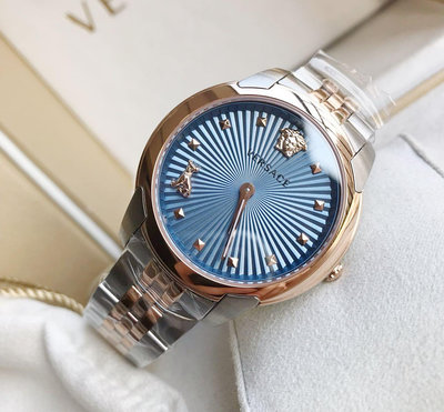 VERSACE Audrey-V 藍色錶盤 玫瑰金色配銀色不鏽鋼錶帶 石英 女士手錶 VELR00919