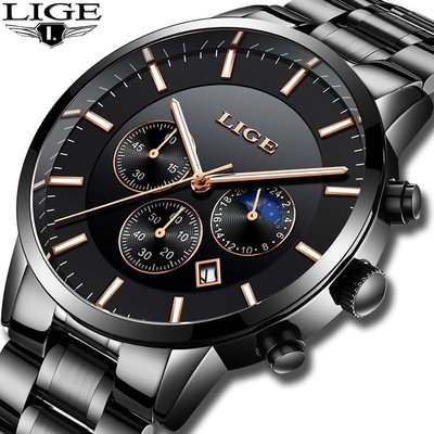 現貨手錶腕錶LIGE男士時尚潮流休閑防水手錶月相石英手錶商務運動手錶利格