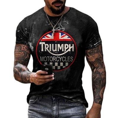 Triumph男士3D印花t恤，復古風格滌綸短袖圓領夏季t恤，大尺碼，新品（滿599免運）