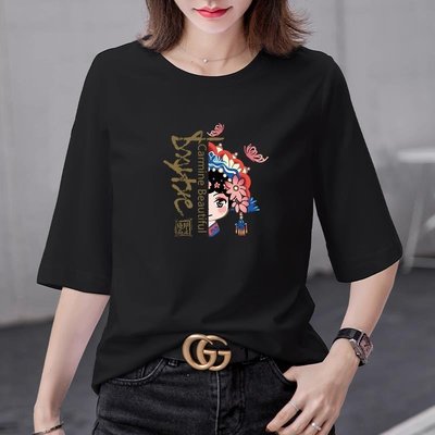 熱銷 中國風寬松中袖T恤女2021年潮新款國潮黑色七分袖上衣打底衫女內搭