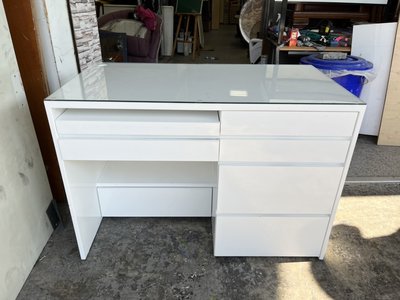 香榭二手家具*純白色鋼琴烤漆4尺 電腦書桌(附玻璃)-多抽書桌-辦公桌-電腦桌-事務桌-業務桌-工作桌-主管桌-洽談桌
