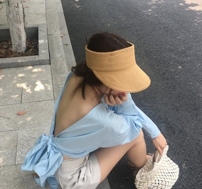 韓國夏季款女空頂草帽可折疊大簷遮陽帽/無頂鴨舌帽/編織無頂草帽/髮箍帽