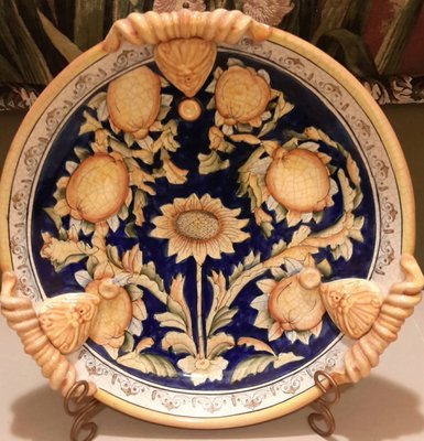 【波賽頓-歐洲古董拍賣】歐洲/西洋古董 意大利托斯卡尼 大型向日葵手工彩繪陶瓷盤(有落款數量47/72)