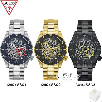 GUESS 多功能男生手錶 不鏽鋼三眼六針錶盤 不鏽鋼錶帶 潮流 時尚 正裝 奢華男生腕錶 GW0488G1 GW0488G2 GW0488G3