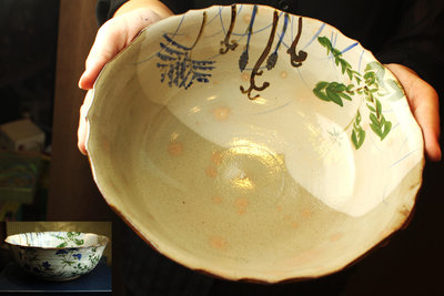 【桑園の】日本京燒 大缽 24.5公分 花口 菓子缽 俊山窯 陶器 盒附 Q 5082