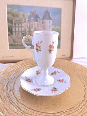 vintage古董西洋花卉宮廷陶瓷高腳高足咖啡杯