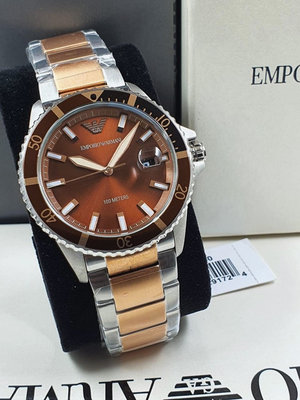 EMPORIO ARMANI Diver 棕色錶盤 玫瑰金色配銀色不鏽鋼錶帶 石英 男士手錶 AR11340 亞曼尼腕錶
