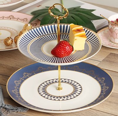 歐式 時尚經典藍色花紋雙層點心盤 蛋糕盤下午茶盤 陶瓷描金歐風擺盤 水果盤裝飾盤餐盤小物盤