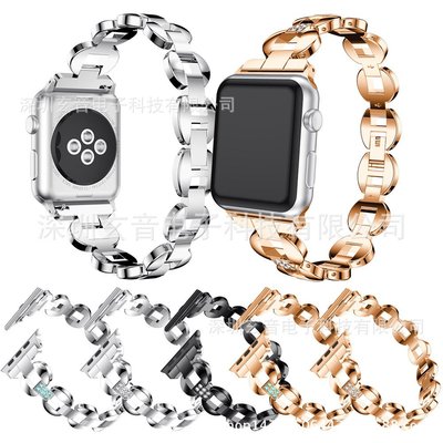+io好物/Apple watch3蘋果智能手表鑲鉆水桶型鋼帶實心鏈式表帶鋼帶/效率出貨