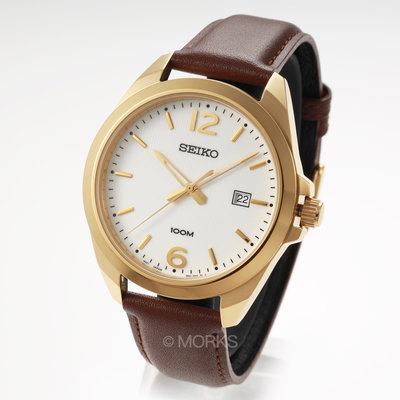 現貨 可自取 SEIKO SUR216P1 精工錶 手錶 42mm 日期視窗 白面盤 金色錶圈 咖啡色皮錶帶 男錶女錶