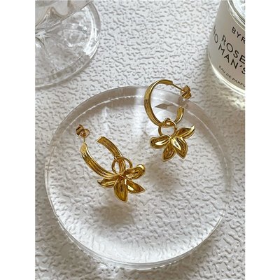 PARANOID正韓飾品2021新款法式小眾設計歐美圓圈金色花朵氣質黃銅輕奢耳環