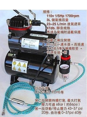 ㊣宇慶S舖㊣TC80 雙段式美術空壓機 1/5馬力 3L儲氣桶+調壓濾水裝置 買再送迷你濾水器風管