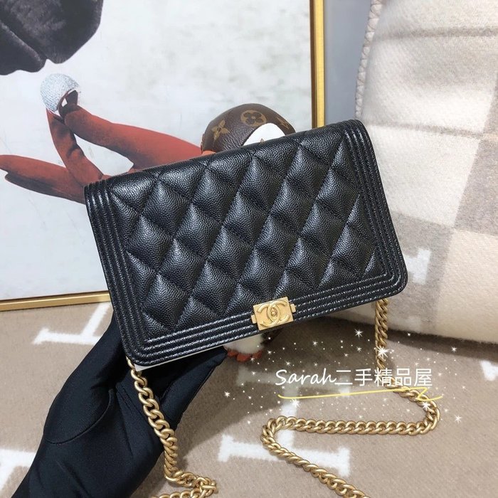 Sarah二手精品屋CHANEL 香奈兒CC BOY WOC AP1117 鏈條包肩背包魚子醬牛皮黑金現貨| Yahoo奇摩拍賣