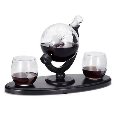 Whiskey Decanter Globe 套裝, 配 2 個蝕刻的地球儀威士忌酒杯
