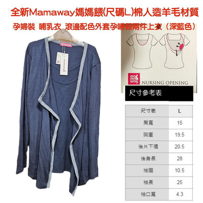 全新Mamaway媽媽餵(尺碼L)棉人造羊毛材質／藍色孕婦裝 哺乳衣 滾邊配色外套孕哺假兩件上衣 零捌零