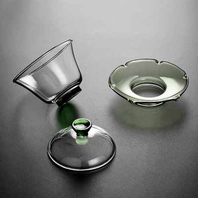 加厚玻璃蓋碗荷葉泡茶碗透明泡茶杯高檔不燙手茶具大號琉璃三才碗