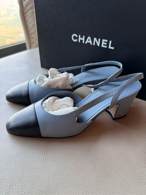 chanel 經典小香鞋 灰藍色+黑 35