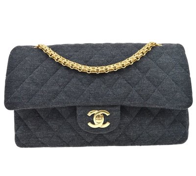 Chanel vintage 灰色棉布面金釦CF 25鏈條包