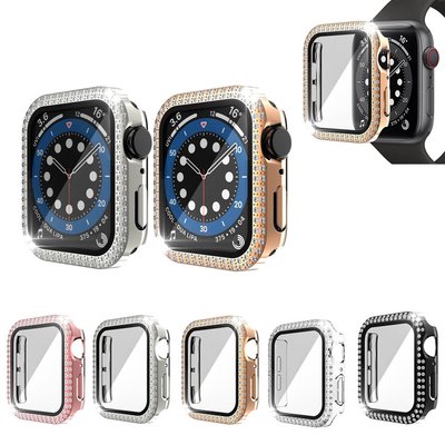 水晶錶殼鑽石鋼化玻璃屏幕保護膜 iwatch 保護殼適用於 Apple Watch 3456SE代 蘋果全包硬殼