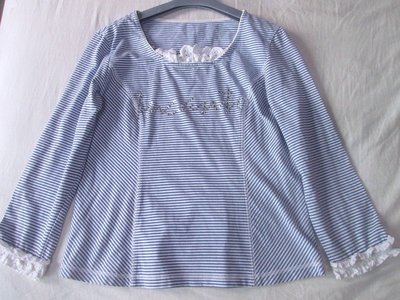 義大利精品藍白水鑽細條紋MAX CO KOOKAI agnes b款棉質T恤上衣M-L號