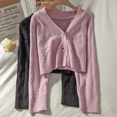 韓國新款慵懶風甜美V領針織寬鬆上衣外套 菱格麻花短版針織毛衣