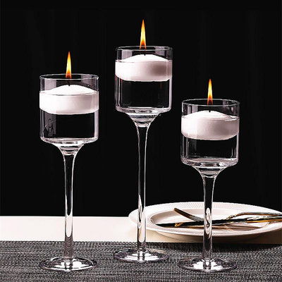 玻璃燭台浪漫燭光晚餐店婚禮派對裝飾無浮水蠟燭高腳杯-四通百貨
