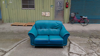 【安鑫】~藍色雙人座 兩人座半牛皮沙發椅組 2手沙發 中古沙發【A2928】