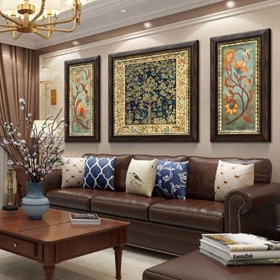 【熱賣精選】手繪油畫美式客廳裝飾畫新中式沙發背景墻掛畫沙發后面的三聯壁畫