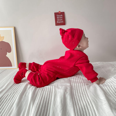 嬰兒連體衣春秋新生兒寶寶滿月百天周歲禮服秋裝套裝冬季拜年服紅
