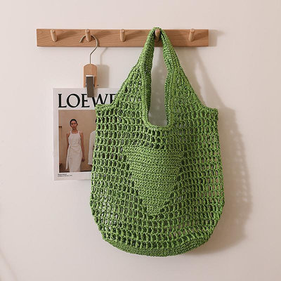韓版大容量鏤空草編包 新款綠色托特編織包女百搭單肩手提漁網包