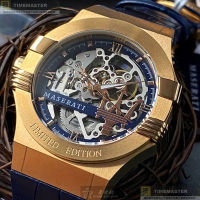 MASERATI手錶,編號R8821108022,42mm玫瑰金六角形精鋼錶殼,機械鏤空鏤空錶面,寶藍真皮皮革錶帶款