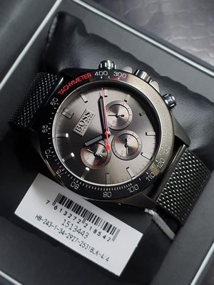 HUGO BOSS Ikon 鐵灰色錶盤 槍灰色不鏽鋼編織網狀錶帶 石英 三眼計時 男士手錶 1513443