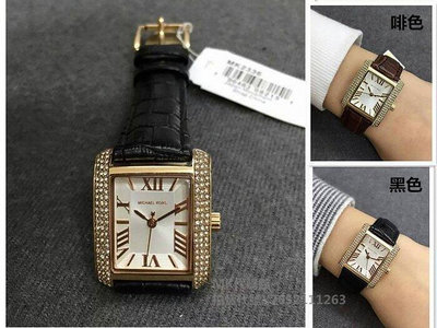 直購#MK2335 MK2336 官網新款 百搭黑色皮革石英女錶 水鑽長方錶盤手錶