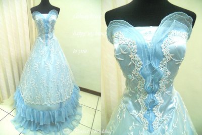 【時尚屋婚紗禮服】大尺碼~水藍露肩蕾絲設計師公主造型款~二手禮服～Ｋ２９６(歡迎預約試穿)
