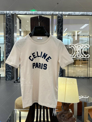 【BLACK A】CELINE 24SS春夏新款 CELINE PARIS 70年代風格T恤 米色x海藍色 價格私訊