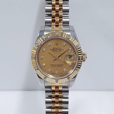 ROLEX 勞力士 179313 蠔式女錶 市場罕見 原裝鑽石太陽圈 金色十鑽貝殼面盤 錶徑26mm 大眾當舖A932